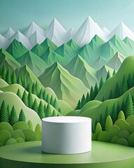 Canvas Print - White podium with green mountain background.