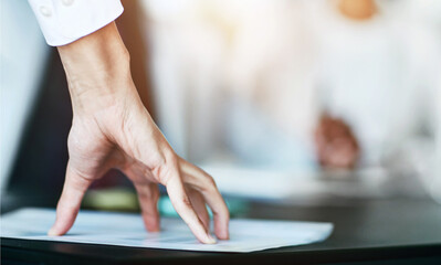 Poster - Business person, hand and paper with policy in meeting for legal document, contract or procedure at office. Closeup of employee or advisor with paperwork for insurance, finance or budget at workplace