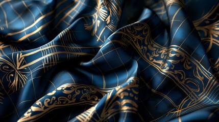 Detailed view of a blue fabric with gold accents, showcasing intricate patterns and textures