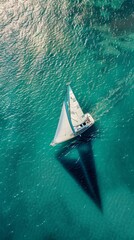 Wall Mural - A lone sailboat with billowing white sails, casting a long shadow as it traverses a vast turquoise sea