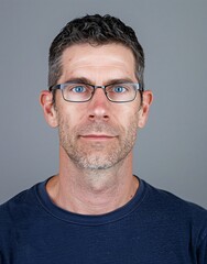 ID Photo for Passport : European adult man with straight short black hair and blue eyes, stubble, with glasses and wearing a navy t-shirt