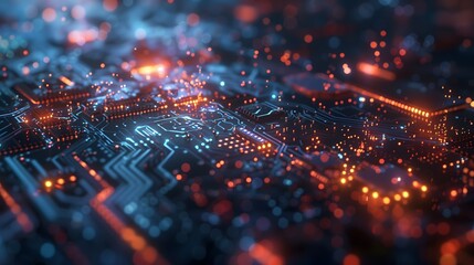A computer chip with a blue background and orange lights