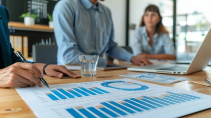 Leinwandbilder - Colleagues gather around a table reviewing bar graphs and reports, engaging in strategic financial planning.