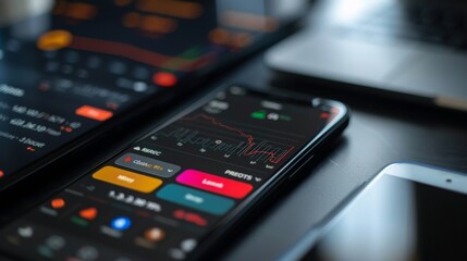 Fototapete - A focused shot captures a smartphone screen with stock market graphs amidst a blur of digital devices.