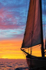 Wall Mural - Close-up of a single sailboat silhouetted against a vibrant sunset, its sails reflecting the warm light of the fading day