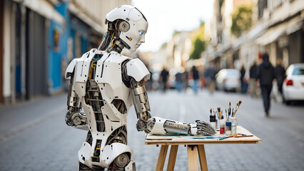 Humanoid robot with painting tools in street 