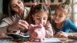 Woman and two girls putting coins into a piggy bank, teaching financial responsibility and saving habits.