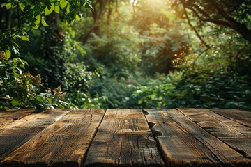 Wall Mural - A captivating display montage set against an empty wood table backdrop, enhanced by a beautiful green bokeh blur