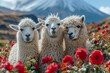 Three fluffy alpacas with playful expressions surround by bright red roses, against a distant snow-covered mountain