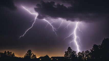 Wall Mural - lightning over the city A bright white lightning bolt in a dark blue sky, creating a contrast of light and dark.  