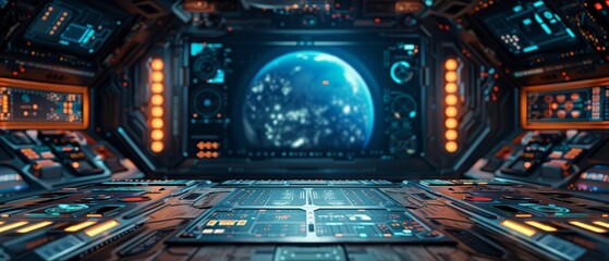 high-tech product showcase on a wooden table with a sci-fi spaceship interior background