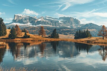 A tranquil body of water with a majestic mountain backdrop. Ideal for nature and travel concepts