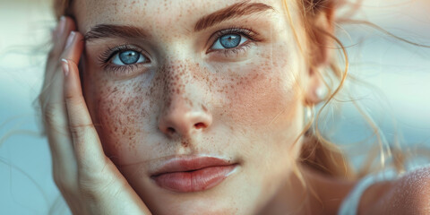 Wall Mural - Portrait of a red-haired girl with freckles and blue eyes on the beach.