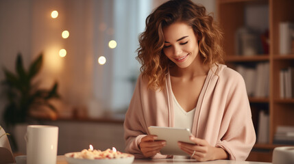 portrait of a woman in a kitchen. Young fun smiling european happy housewife woman wear casual clothes look aside eat breakfast muesli, cereals with milk, fruit in bowl. cooking food in home