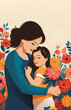 © Leohoho - Mother hugging her baby in a field of flowers with sunny. Painting styles for Mother's Day poster with copy space