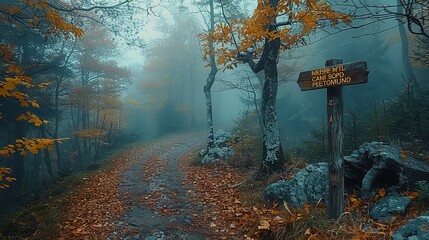 Wall Mural - Scenery with path in dreamy foggy forest.forest autumn tree nature path landscape fall season light foliage yellow road beauty orange