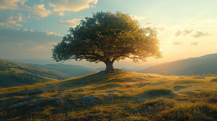 Wall Mural - Shiny tree on a hill slope with sunny beams at mountain valley covered copy space for text