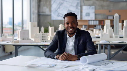 Professional Male African American Architect Smiling in Modern Design Studio, Copy Space