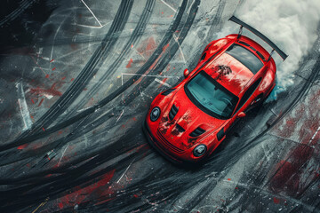 red sports car rips on the asphalt with smoke