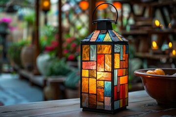 Wall Mural - Colored glowing glass stained lantern