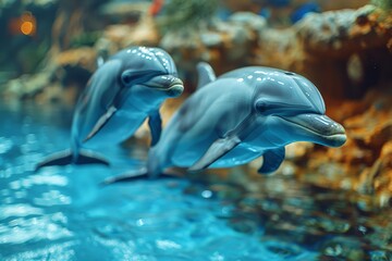 Wall Mural - A captivating photograph showcasing two dolphins amid a serene underwater seascape, exuding a sense of peaceful coexistence
