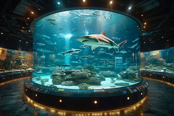 Wall Mural - A captivating look inside an aquarium with sharks and various fish gliding through the water, showcasing marine life in a controlled environment
