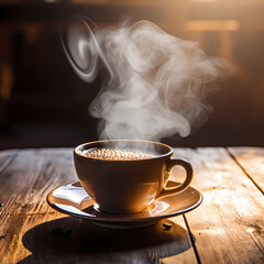 Poster - A close-up of a steaming cup of coffee on a wooden table