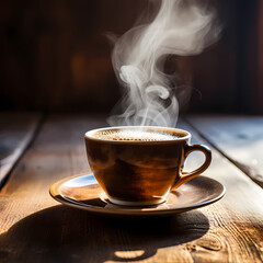 Poster - A close-up of a steaming cup of coffee on a wooden table