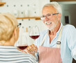 love kitchen senior glass man couple home retirement happy food smiling husband wine together portrait