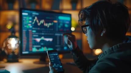 Fototapete - A focused individual examines complex financial data on multiple computer screens, holding a smartphone.