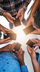Wall Mural - cellphone, hands and team of people in circle networking online for email, social media or internet.