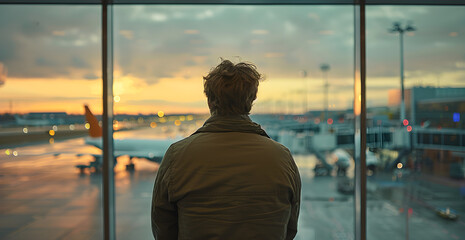 A man is standing in front of a window at an airport, looking out at the planes