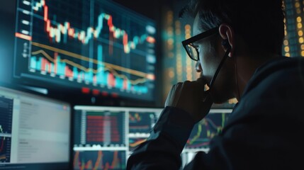 Fototapete - A concentrated man in a dark room examines multiple glowing stock market graphs and statistics on computer screens.