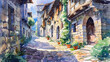 This painting depicts a quaint street in a village, with old buildings lining the cobblestone road. People are seen going about their daily activities in this charming setting