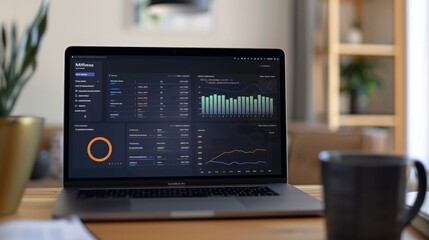 Poster - A laptop screen shows various financial charts and data analysis in an office setting.
