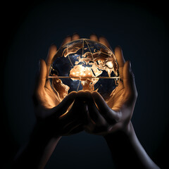 Poster - A pair of hands holding a glowing globe. 