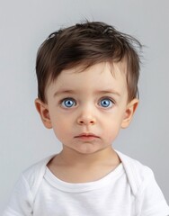 Sticker - ID Photo for Passport : European baby boy with straight short black hair and blue eyes, without glasses and wearing a white t-shirt