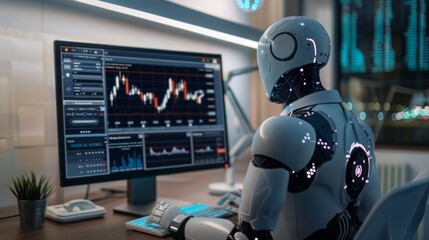 Leinwandbilder - A robot is sitting in front of a computer monitor, appearing to be engaged in a task.