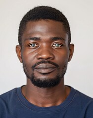 Poster - ID Photo for Passport : African young adult man with straight short black hair and blue eyes, medium beard, without glasses and wearing a navy t-shirt