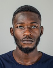 Wall Mural - ID Photo for Passport : African young adult man with straight short black hair and blue eyes, short beard, without glasses and wearing a navy t-shirt