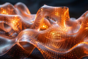 Canvas Print - the image displays a mesmerizing orange-lit digital wave pattern, symbolizing modern technology and 