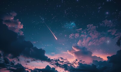 Night sky with scattered clouds and a shooting star