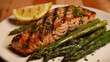 Grilled salmon and asparagus. Delicious restaurant dish