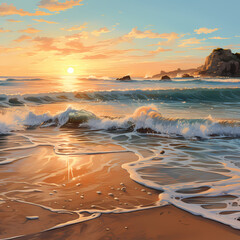 Sticker - A serene beach at sunrise with gentle waves.