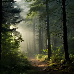 Canvas Print - A serene forest with mist-covered trees.