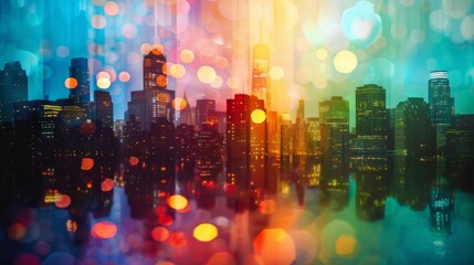 Poster - A city skyline at night, with lights reflecting in the water