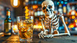 Whiskey with ice in foreground and skeleton at bar, alcohol kills concept