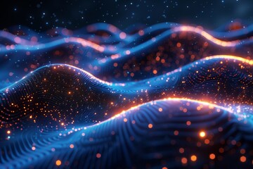 Wall Mural - this image showcases vibrant blue and orange waves made up of small particles evoking a sense of dig