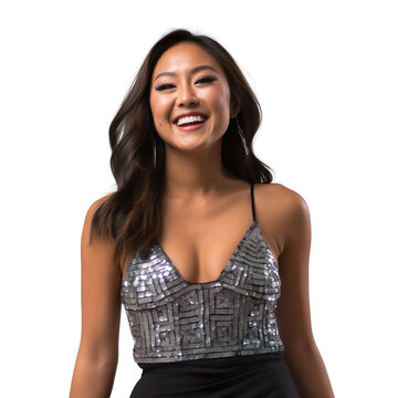 Front view mid shot of a beautiful Asian woman dressed in a silver sequined halter neck top and black maxi skirt, smiling on a white transparent background
