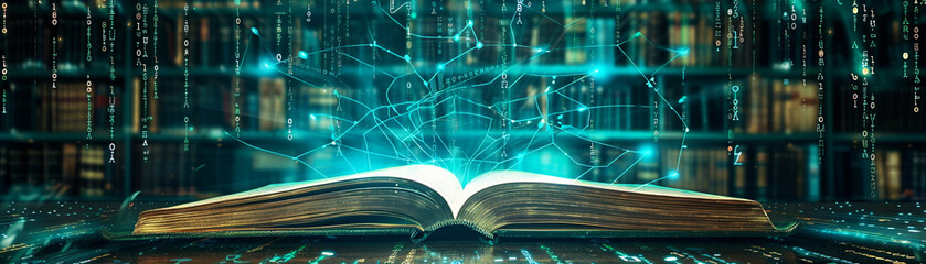 A open book with digital code streaming from its pages, digital background